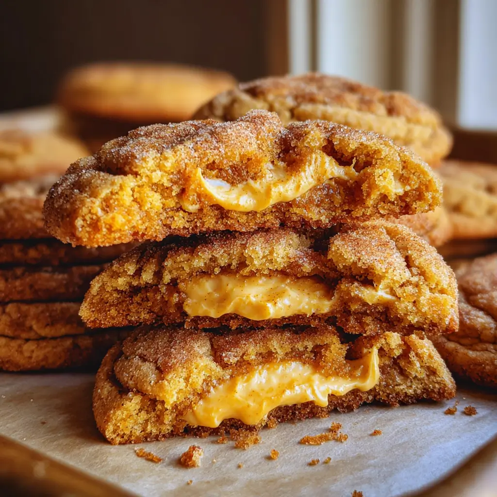 Pumpkin Cheesecake Cookies with gooey cheesecake filling and pumpkin spice sugar coating