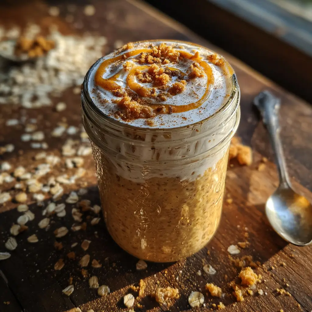 Pumpkin Cheesecake Overnight Oats – 5 Proven Ways to Make Mornings Cozy 6 pumpkin cheesecake overnight oats layered in mason jar with graham cracker crumble and cinnamon