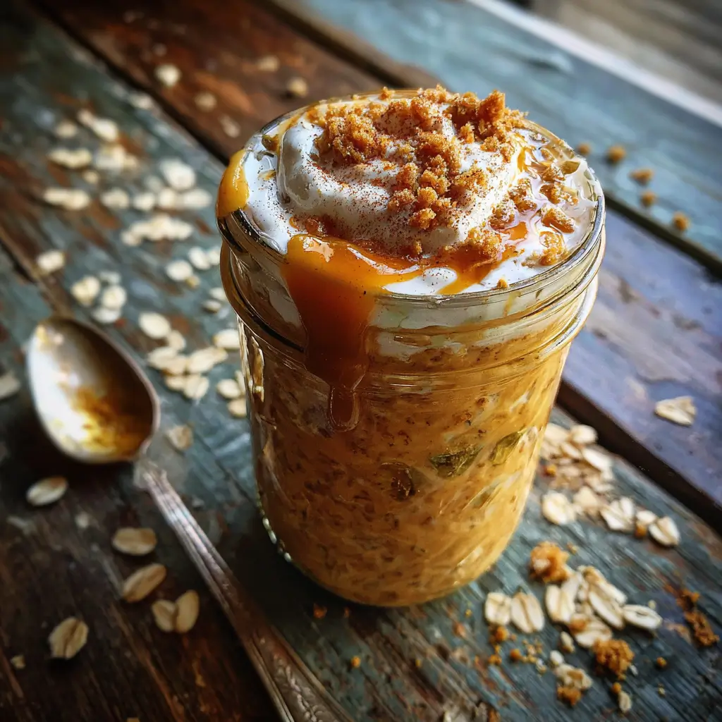 pumpkin cheesecake overnight oats in a mason jar with graham cracker topping