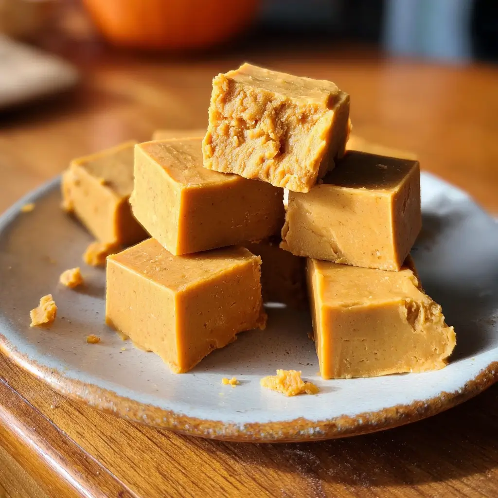 Pumpkin Fudge – Irresistibly Creamy Holiday Treat in 5 Easy Steps 6 Creamy homemade Pumpkin Fudge with pumpkin spice and rich holiday flavors on rustic plate