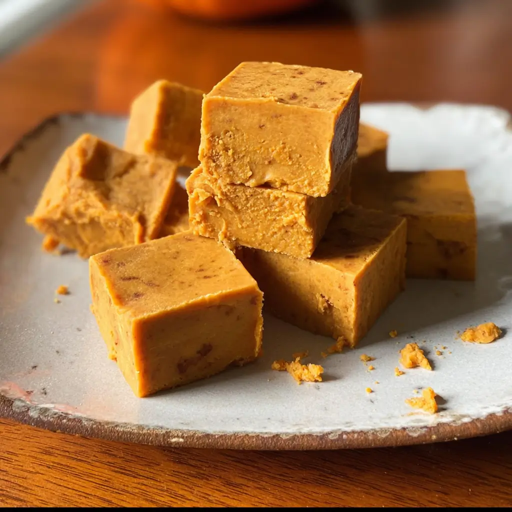 Pumpkin Fudge – Irresistibly Creamy Holiday Treat in 5 Easy Steps 5 Homemade Pumpkin Fudge squares with pumpkin spice flavor and creamy spiced texture on rustic plate