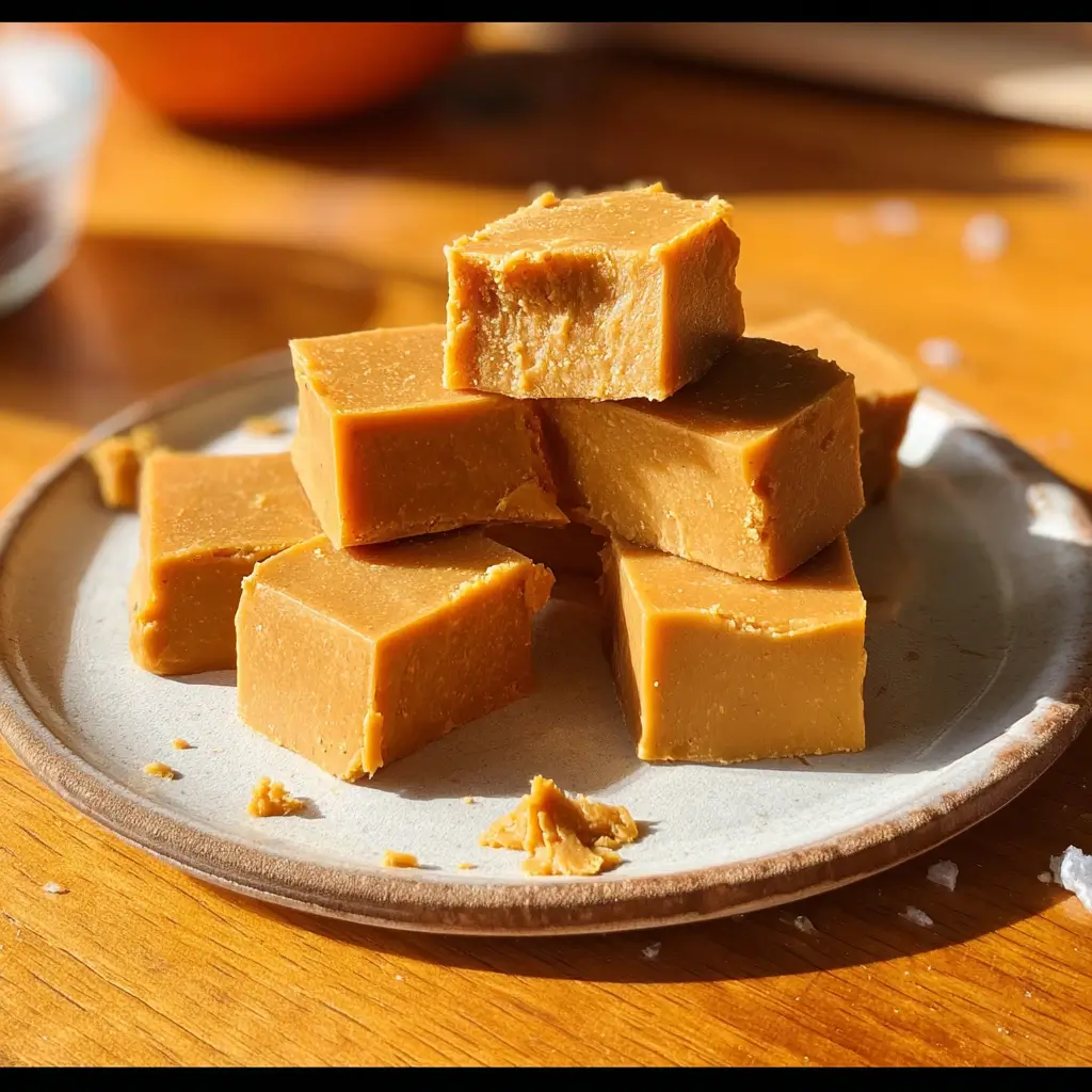 Cozy spiced Pumpkin Fudge squares with cinnamon flecks and creamy texture on rustic plate