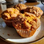 Warm homemade pumpkin muffins with cinnamon-sugar tops and moist interior on a rustic kitchen table
