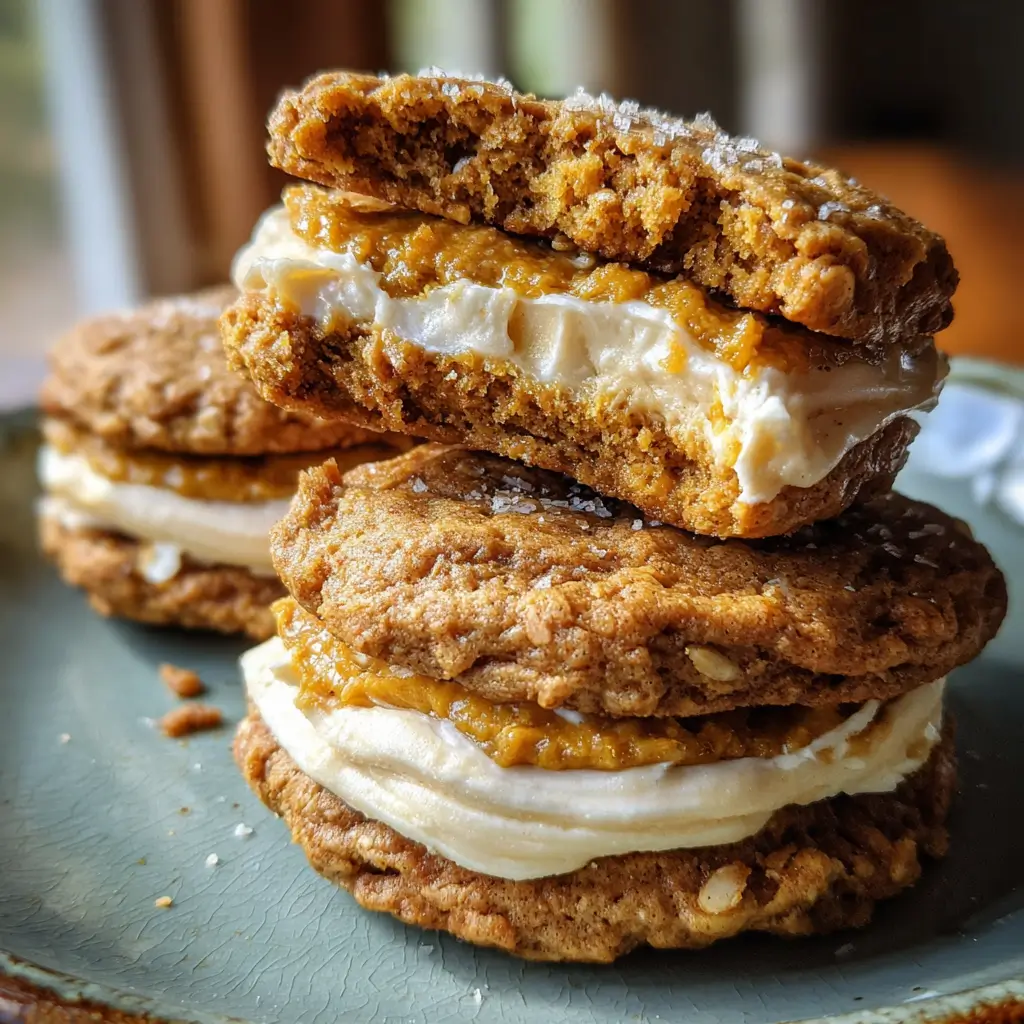 Homemade pumpkin oatmeal cream pies with maple cream cheese frosting, chewy oatmeal cookies, sandwich cookies style, and pumpkin cookies texture.