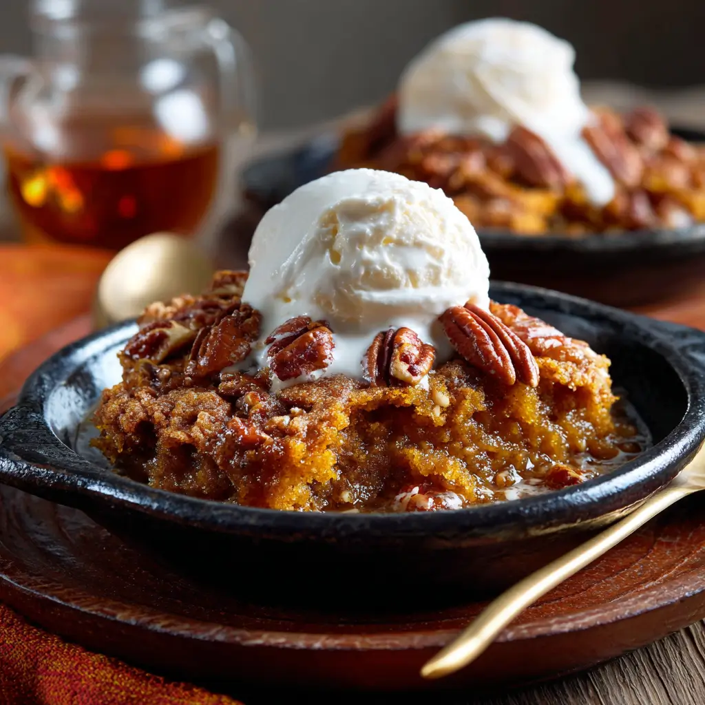Pumpkin Pecan Cobbler – The Ultimate Cozy Fall Dessert You’ll Love 6 Rustic homemade Pumpkin Pecan Cobbler with gooey pumpkin cobbler base and caramelized pecan cobbler topping in a baking dish