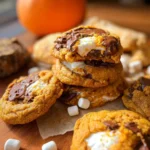 Homemade Pumpkin S'mores Cookies with gooey marshmallow and melting chocolate, perfect fall cookies