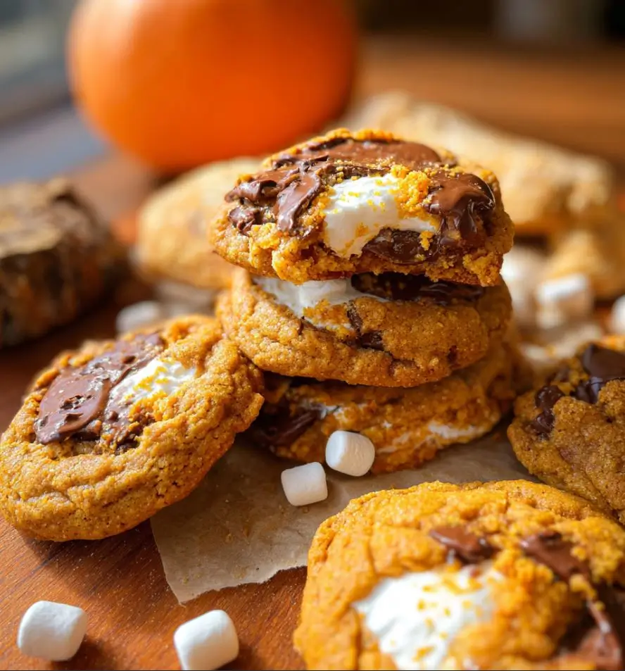 Homemade Pumpkin S'mores Cookies with gooey marshmallow and melting chocolate, perfect fall cookies
