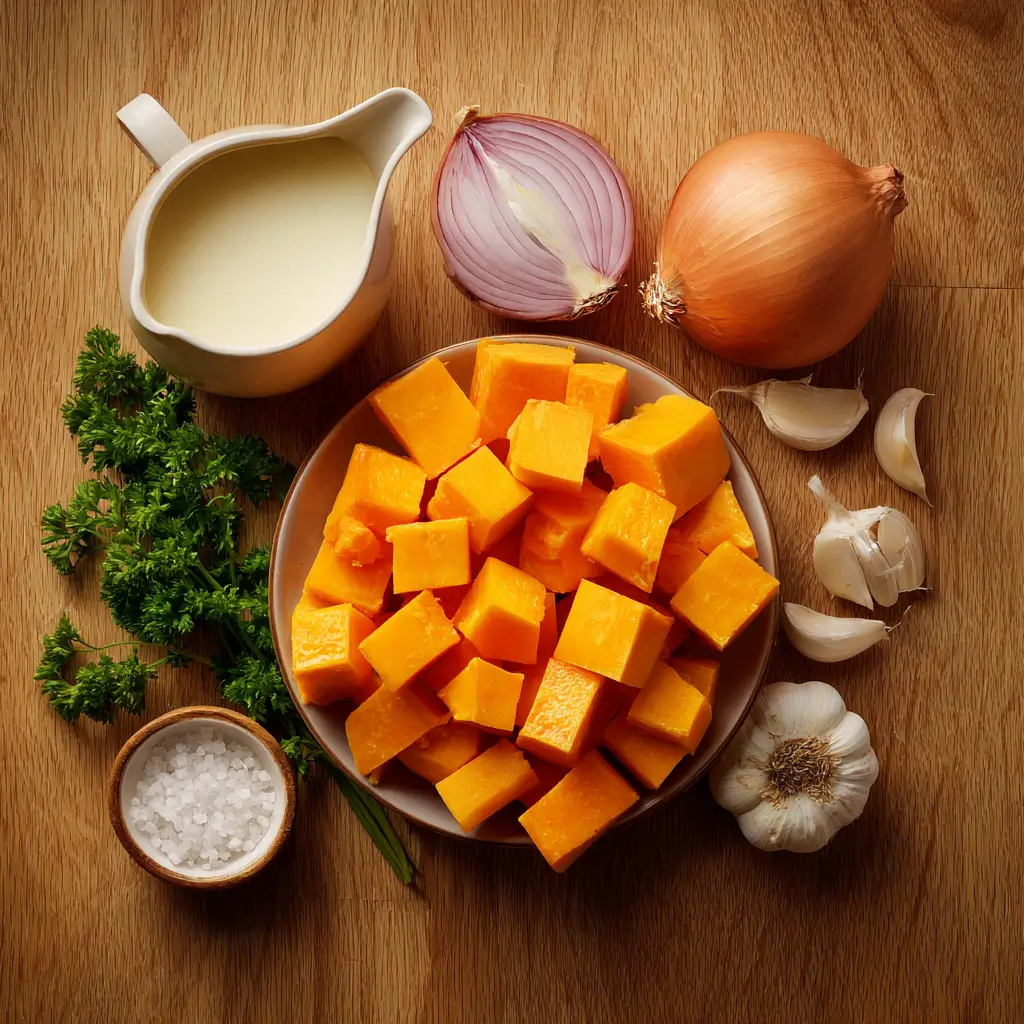 Pumpkin Soup Recipe: Top 5 Secrets for Rich, Creamy Flavor 9 Pumpkin, onion, garlic, broth, and cream ingredients for pumpkin soup