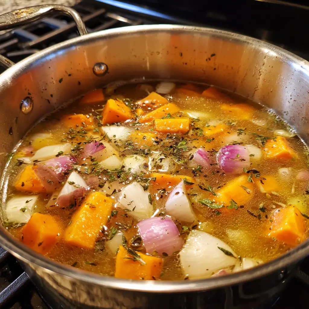 Pumpkin Soup Recipe: Top 5 Secrets for Rich, Creamy Flavor 10 Pumpkin, onion, and garlic simmering in broth in a pot