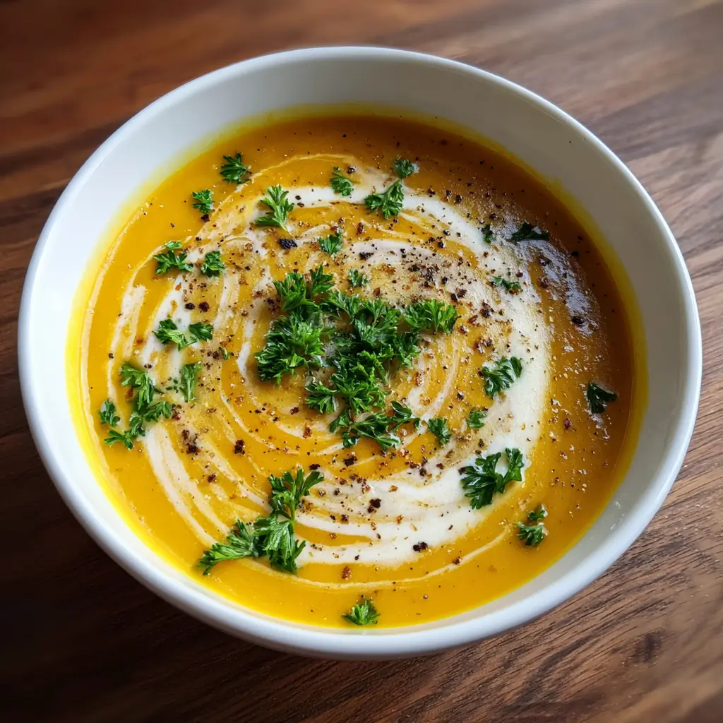 Pumpkin Soup Recipe: Top 5 Secrets for Rich, Creamy Flavor 8 Bowl of creamy pumpkin soup with parsley, pepper, and a swirl of cream
