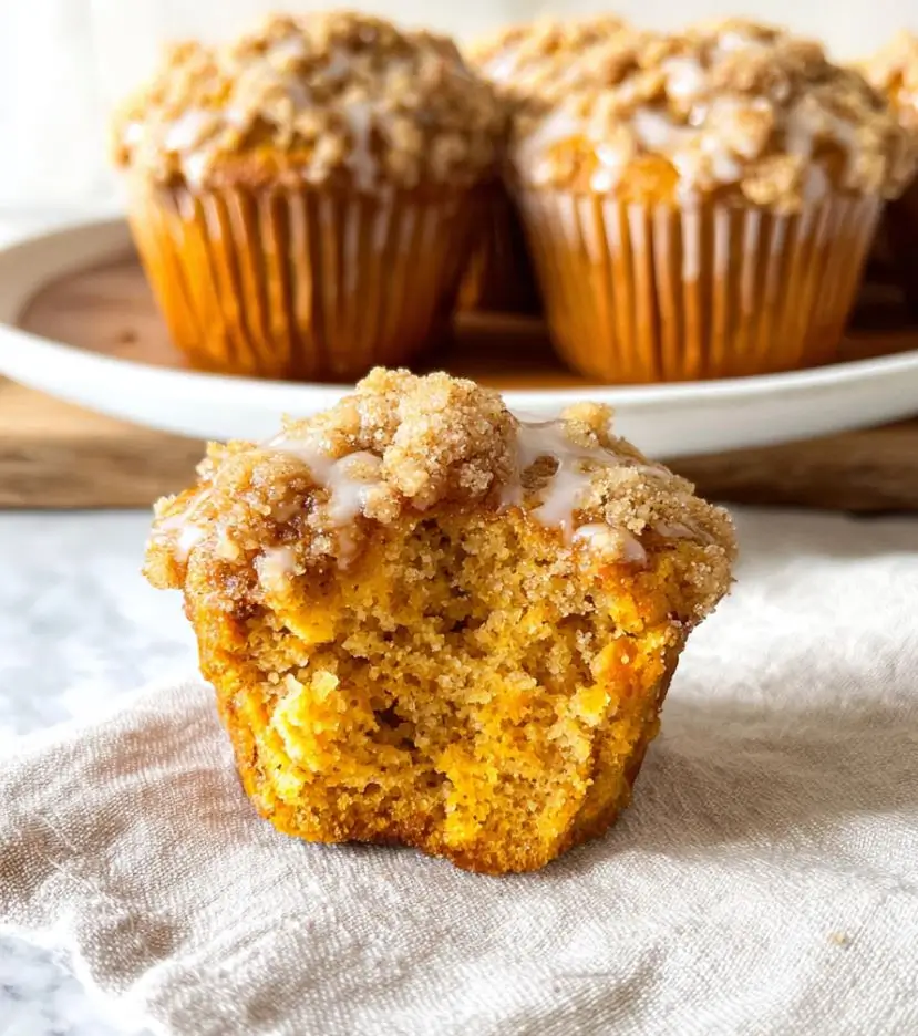 Pumpkin streusel muffins with crumb topping and moist interior on rustic wooden table – pumpkin muffins, pumpkin crumb muffins