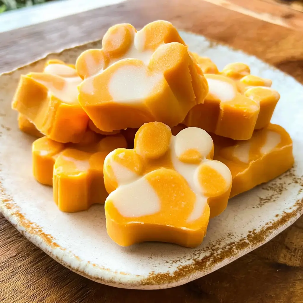 Homemade frozen pumpkin yogurt dog treats on a rustic plate