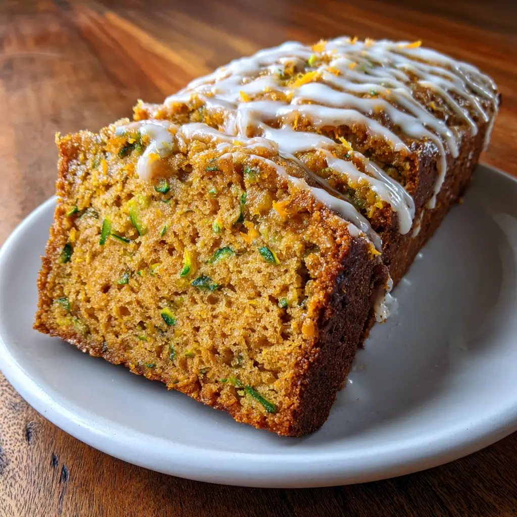 Moist pumpkin zucchini bread slice with cream cheese glaze on white plate