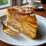 Thousand-Layer Apple Recipe: Ultimate Dessert With 1000 Sweet Layers 7 Thousand-Layer Apple dessert slice with caramel glaze and flakey salt on white plate
