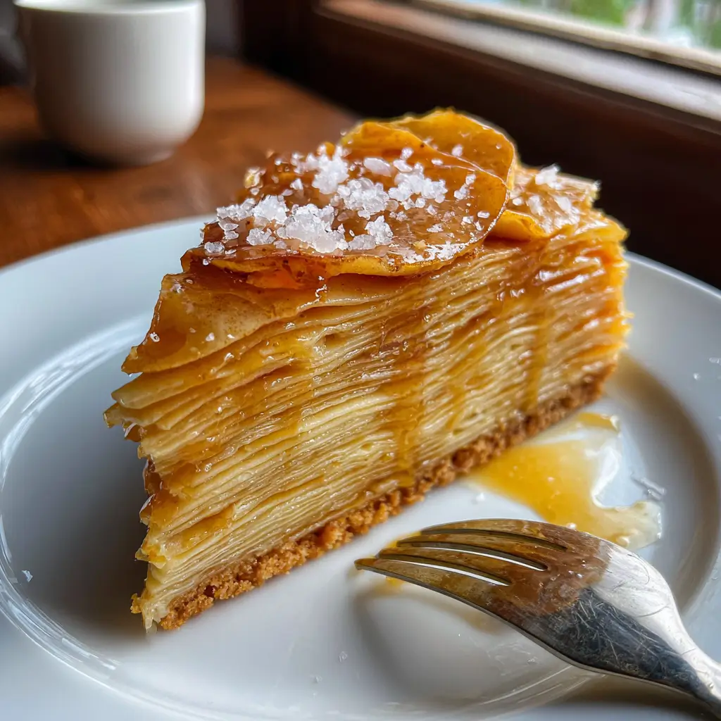 Thousand-Layer Apple Recipe: Ultimate Dessert With 1000 Sweet Layers 6 Layered Thousand-Layer Apple dessert slice topped with flakey salt and caramel glaze