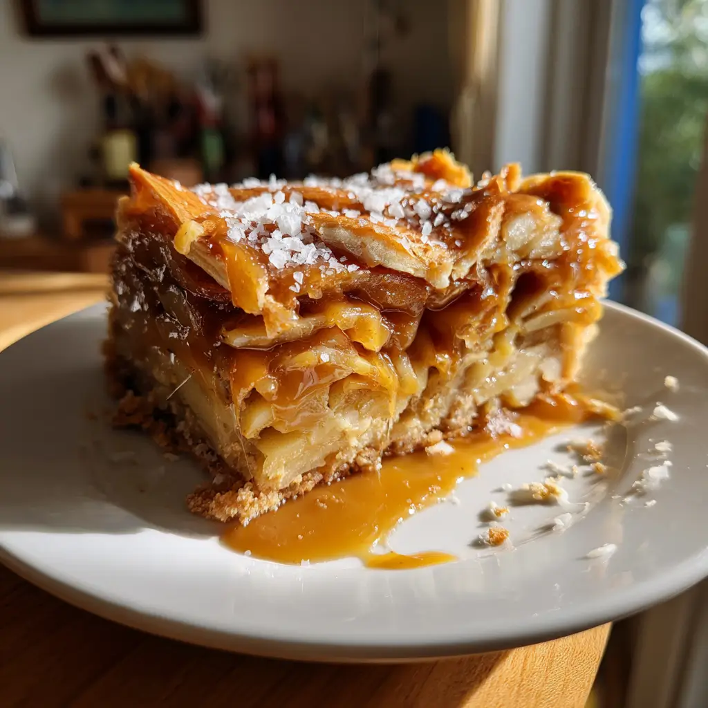 Thousand-Layer Apple Recipe: Ultimate Dessert With 1000 Sweet Layers 7 Thousand-Layer Apple dessert square served with caramel sauce and sea salt on white plate