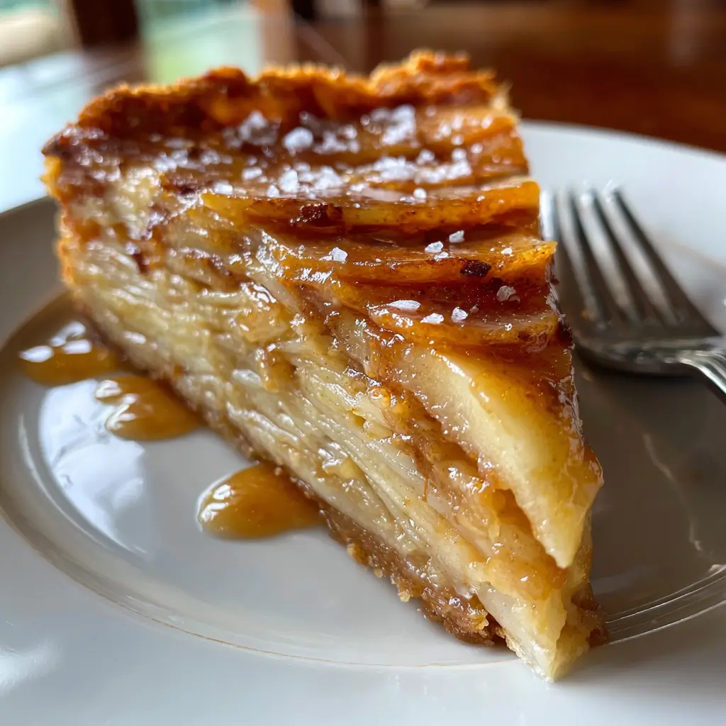 Close-up of Thousand-Layer Apple slice with caramel glaze and flakey salt on white plate