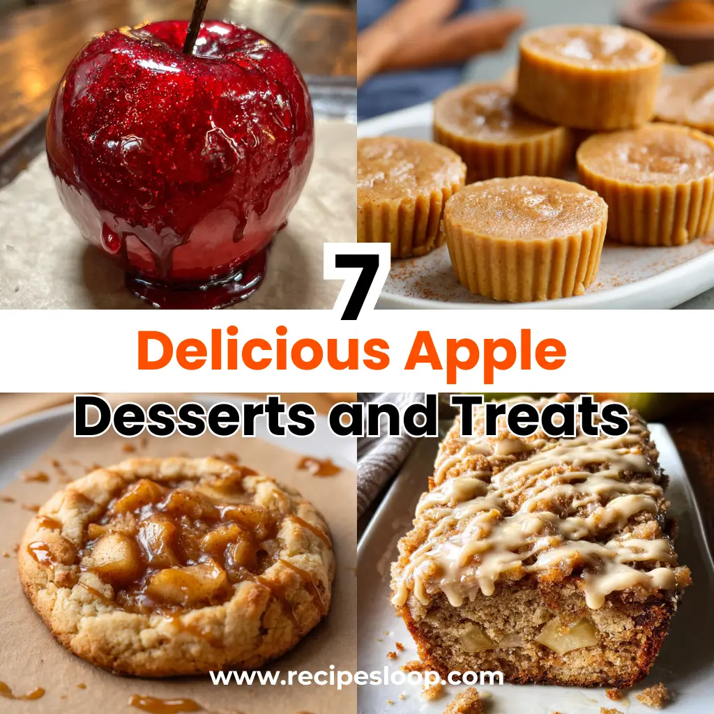 7 delicious apple desserts and treats including candy apples, apple muffins, apple cookies, and apple crumb bread