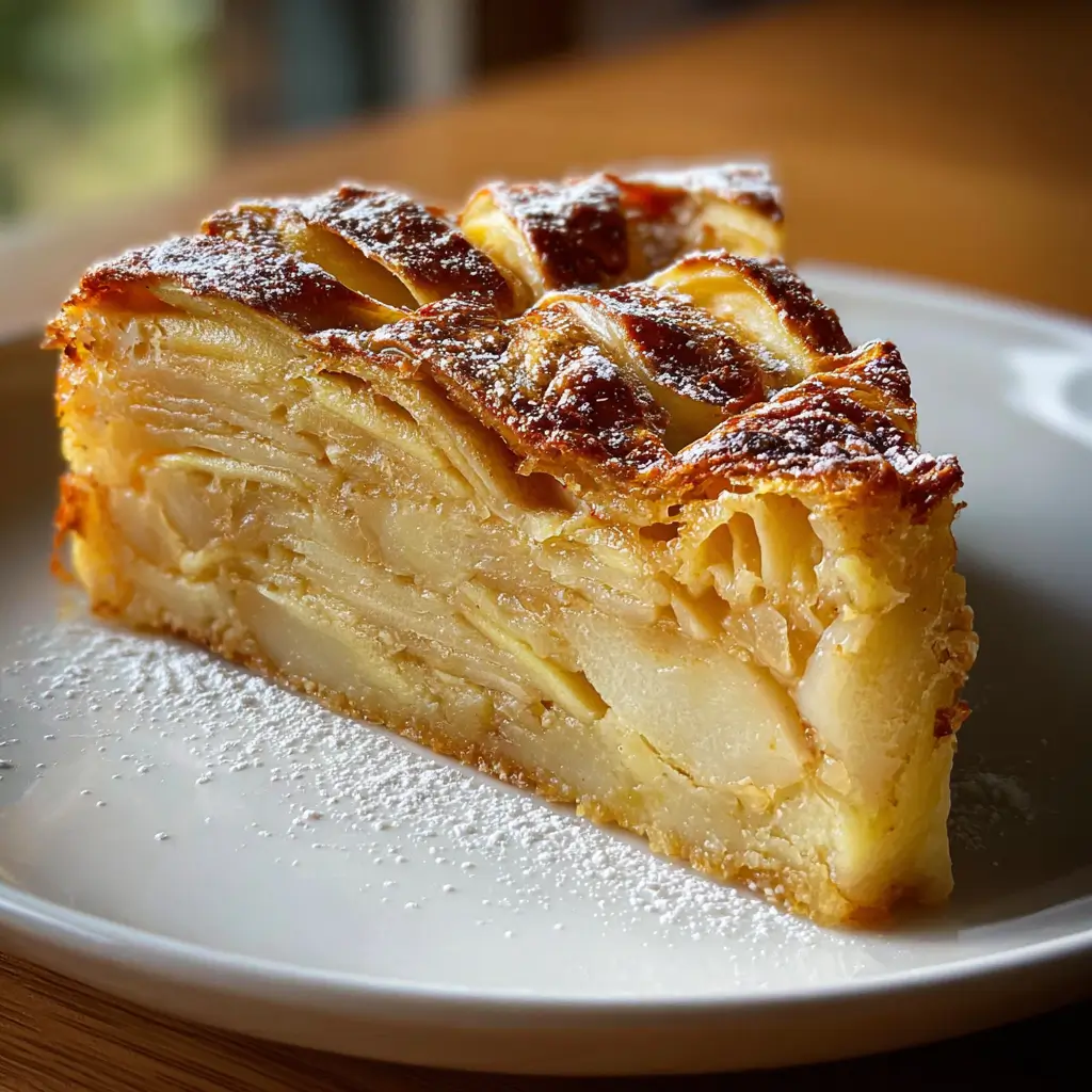 7 Delicious Apple Desserts and Treats to Make This Fall 5 Thinly layered invisible apple cake dusted with powdered sugar on a white plate