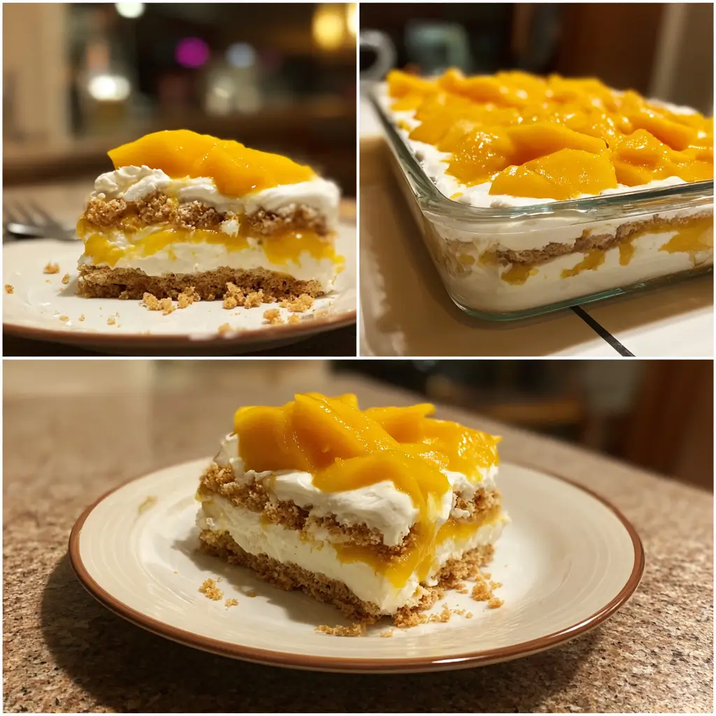Graham Mango Float – Easy 5-Step Tropical Dessert Loved by All 5 Slice of Graham Mango Float with layers of cream, mangoes, and graham crackers on a plate