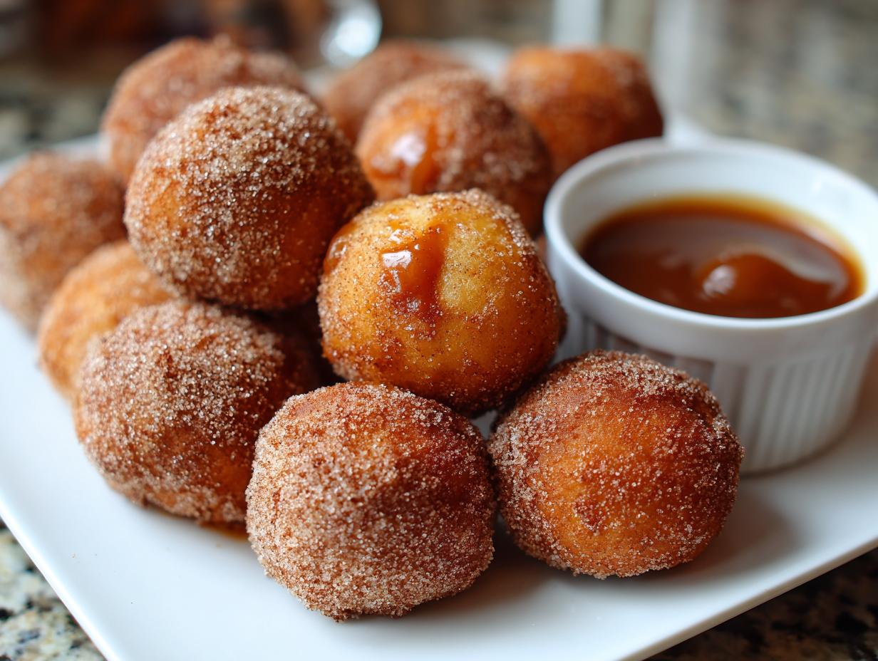 Apple Cider Donut Holes with Caramel Dip
