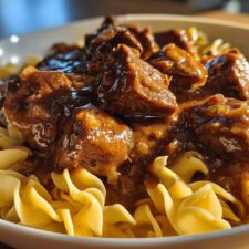 Juicy Beef Tips with Gravy over Noodles in 45 Minutes