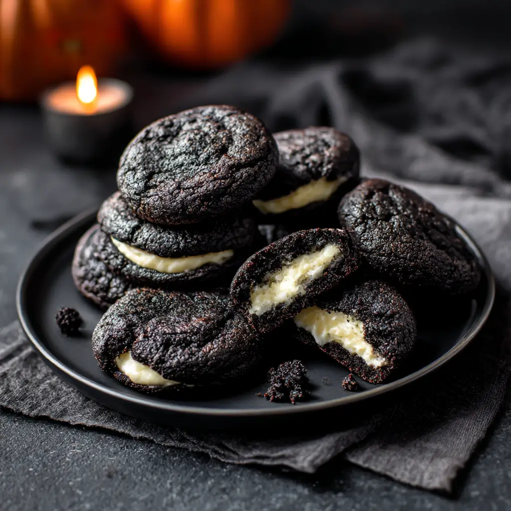 Halloween Black Velvet Cheesecake Cookies – Dark, Decadent, Cheesecake-Stuffed. 6 halloween black velvet cheesecake cookies
