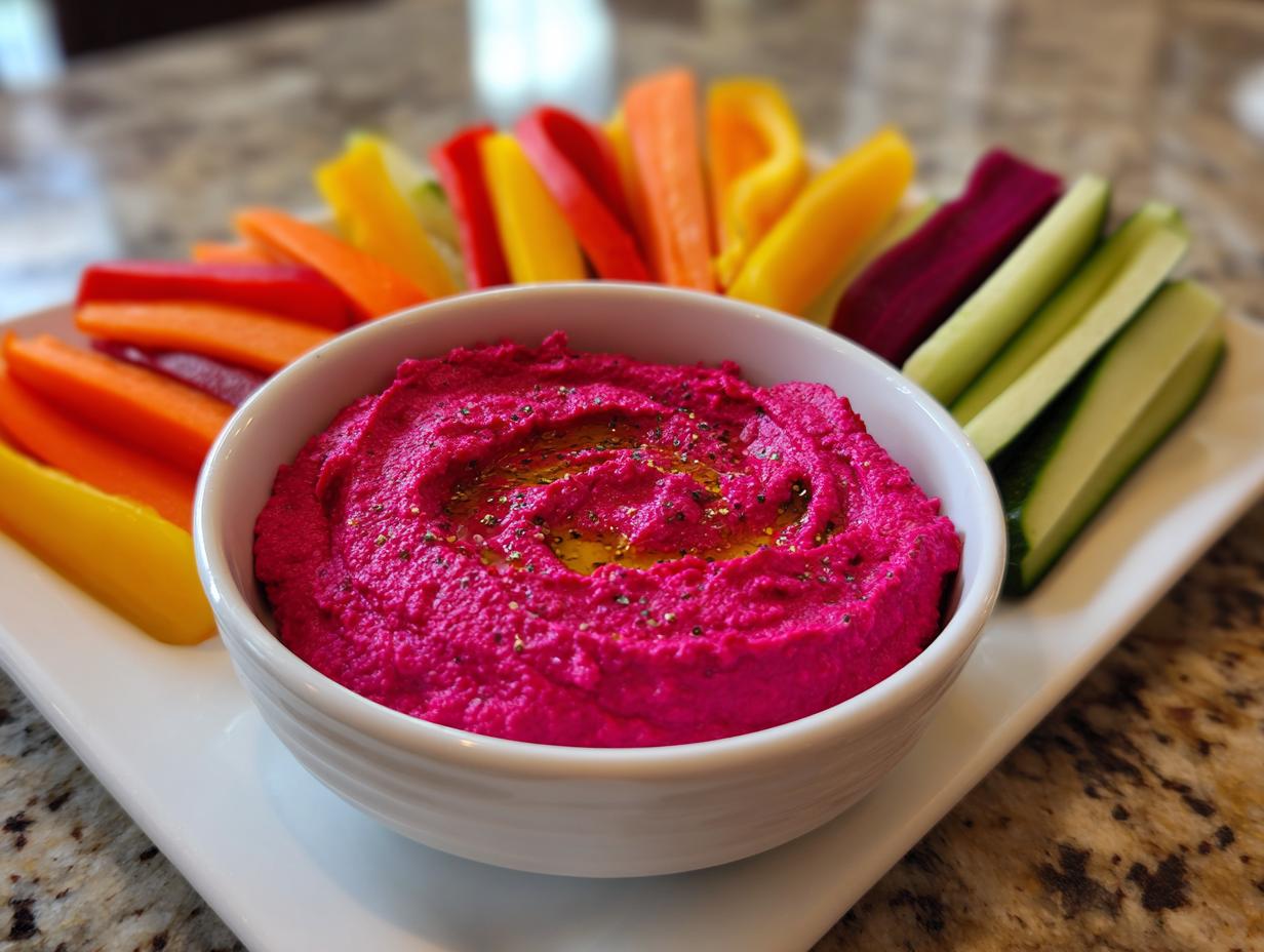Christmas Beet Hummus with Rainbow Veggie Dippers