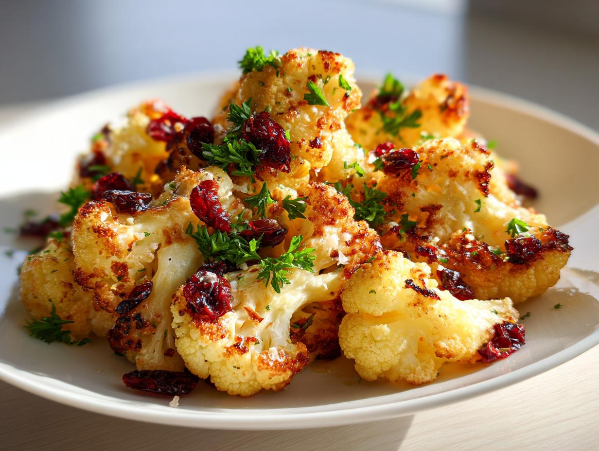 Christmas Cauliflower Popcorn with Parmesan and Cranberries