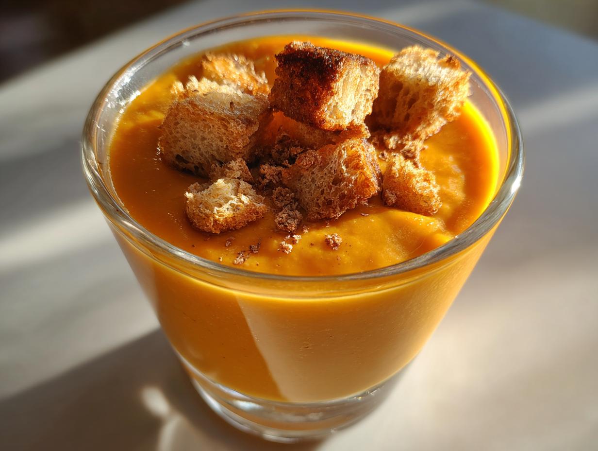 Christmas Pumpkin Soup Shooters with Cinnamon Croutons