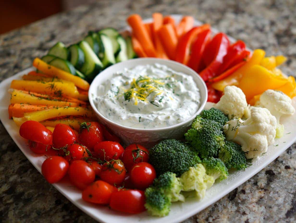 Christmas Rainbow Veggie Platter with Festive Yogurt Dip