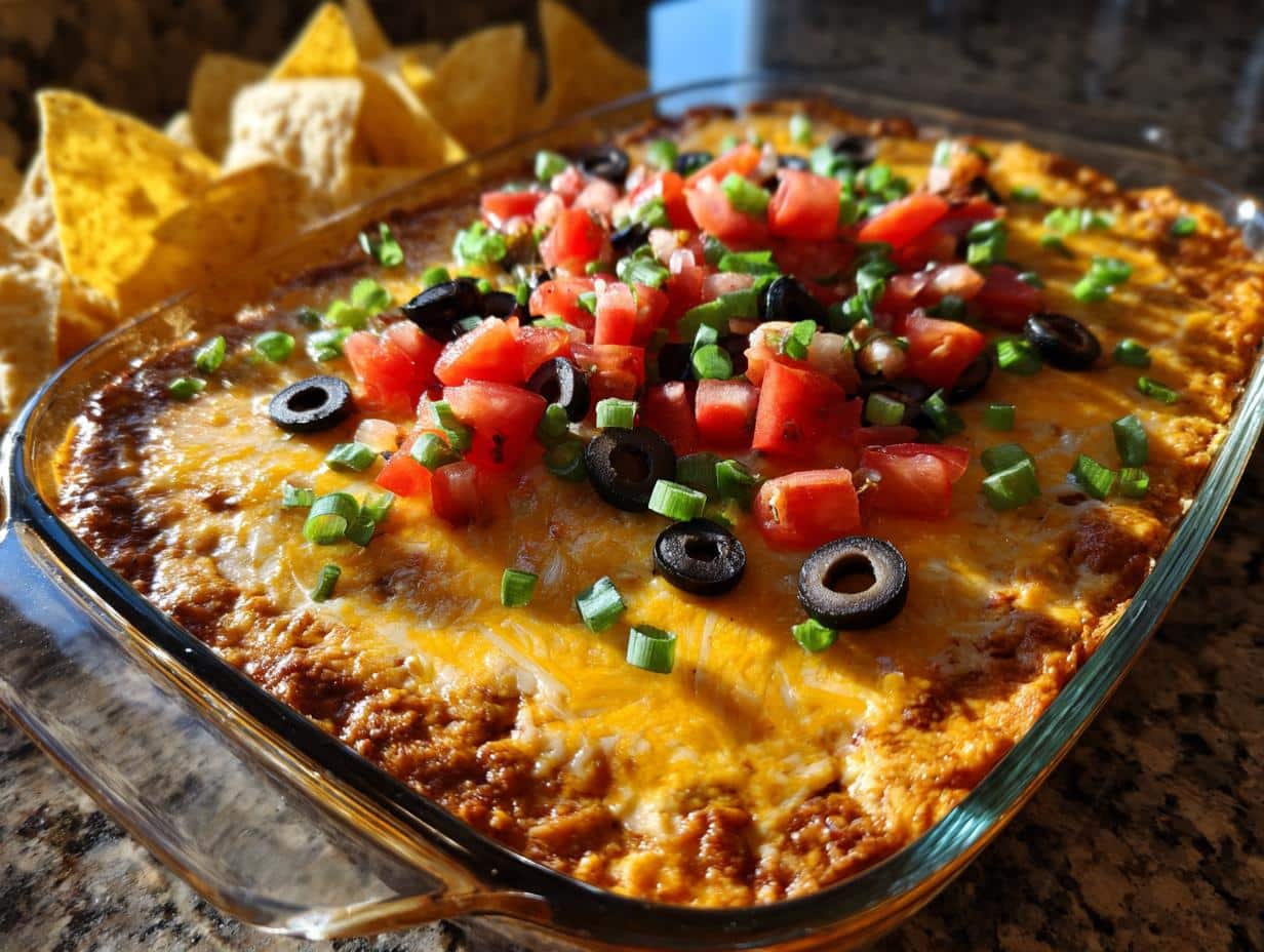 New Year Cheesy Taco Dip with Tri-Color Chips