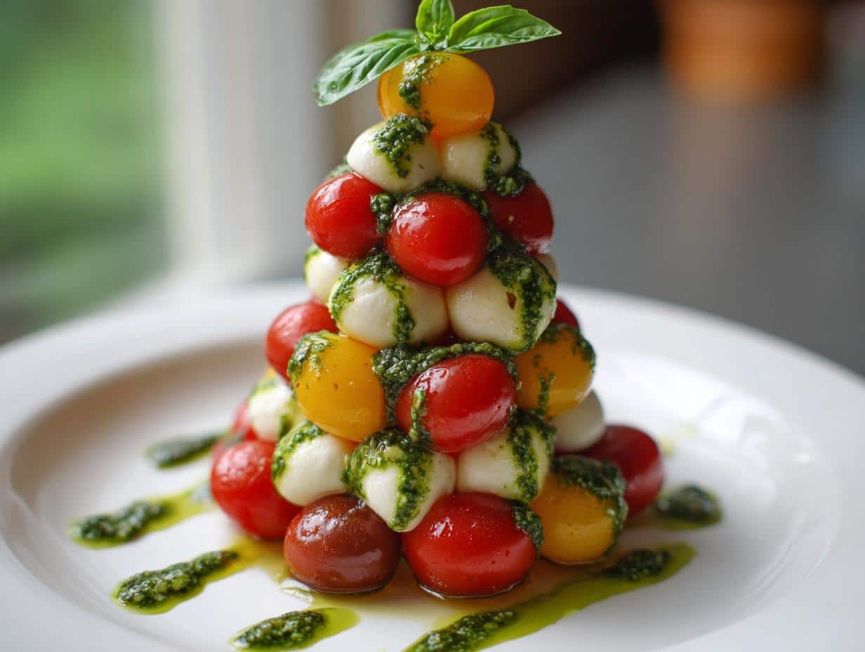 New Year Festive Caprese Tree with Pesto Drizzle
