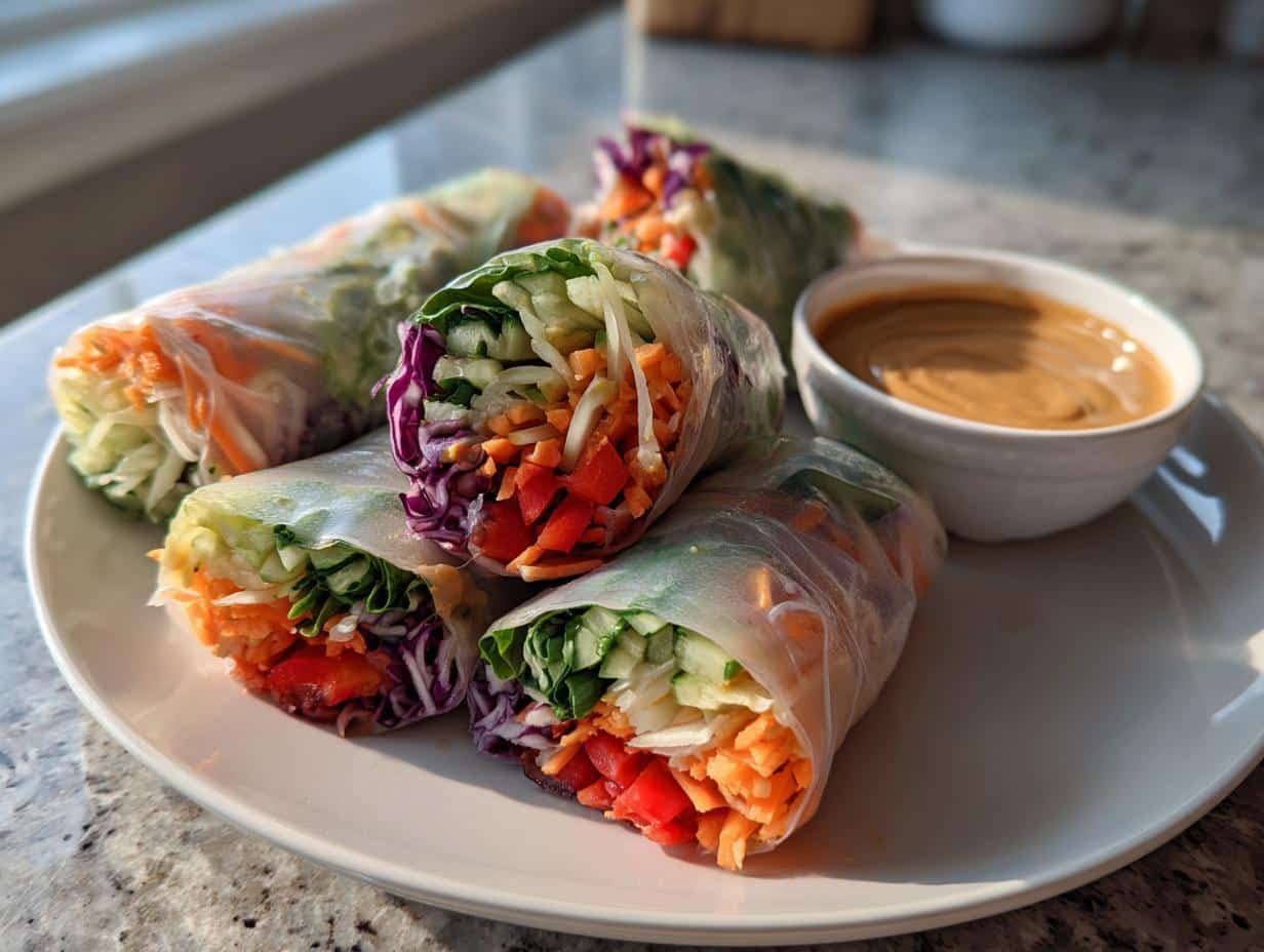 New Year Rainbow Spring Rolls with Peanut Sauce