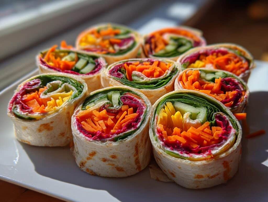 New Year Rainbow Veggie Pinwheels with Cranberry Cream Cheese