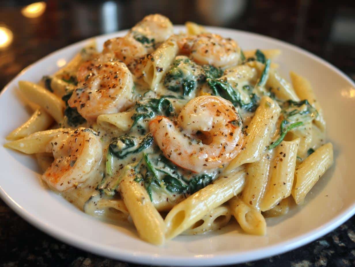 Shrimp and Cheesy Spinach Penne