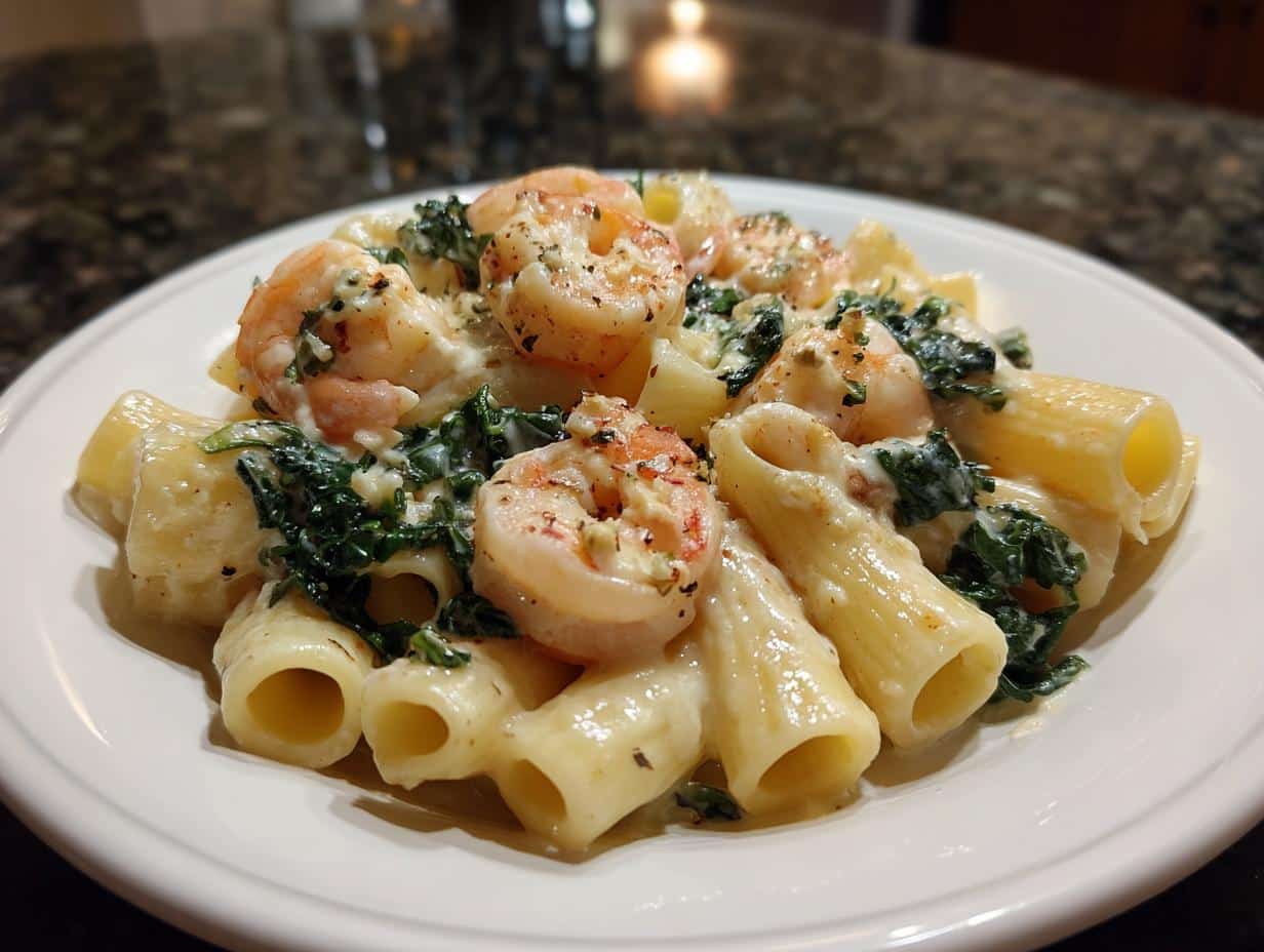 Shrimp and Kale Rigatoni Alfredo