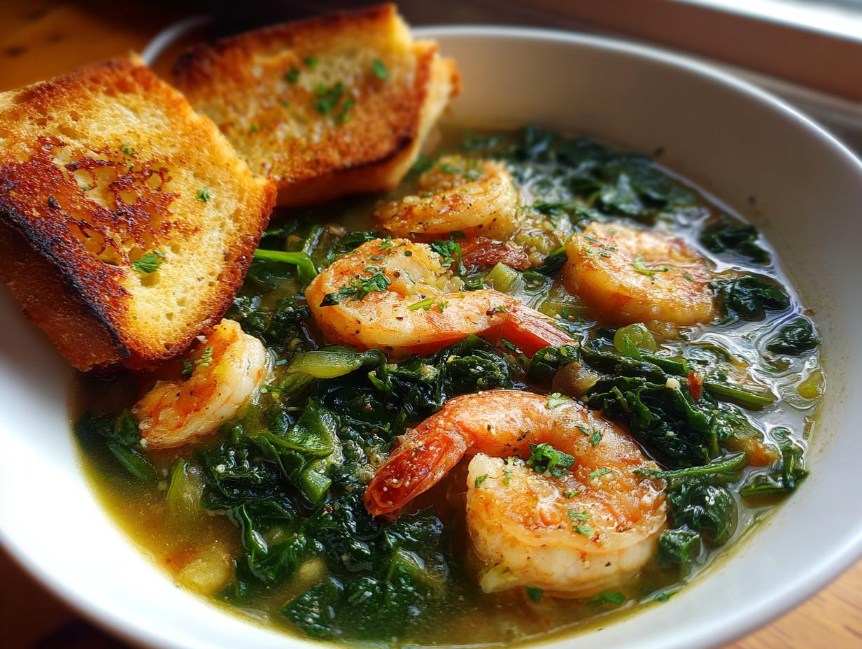 Shrimp and Kale Soup with Garlic Bread