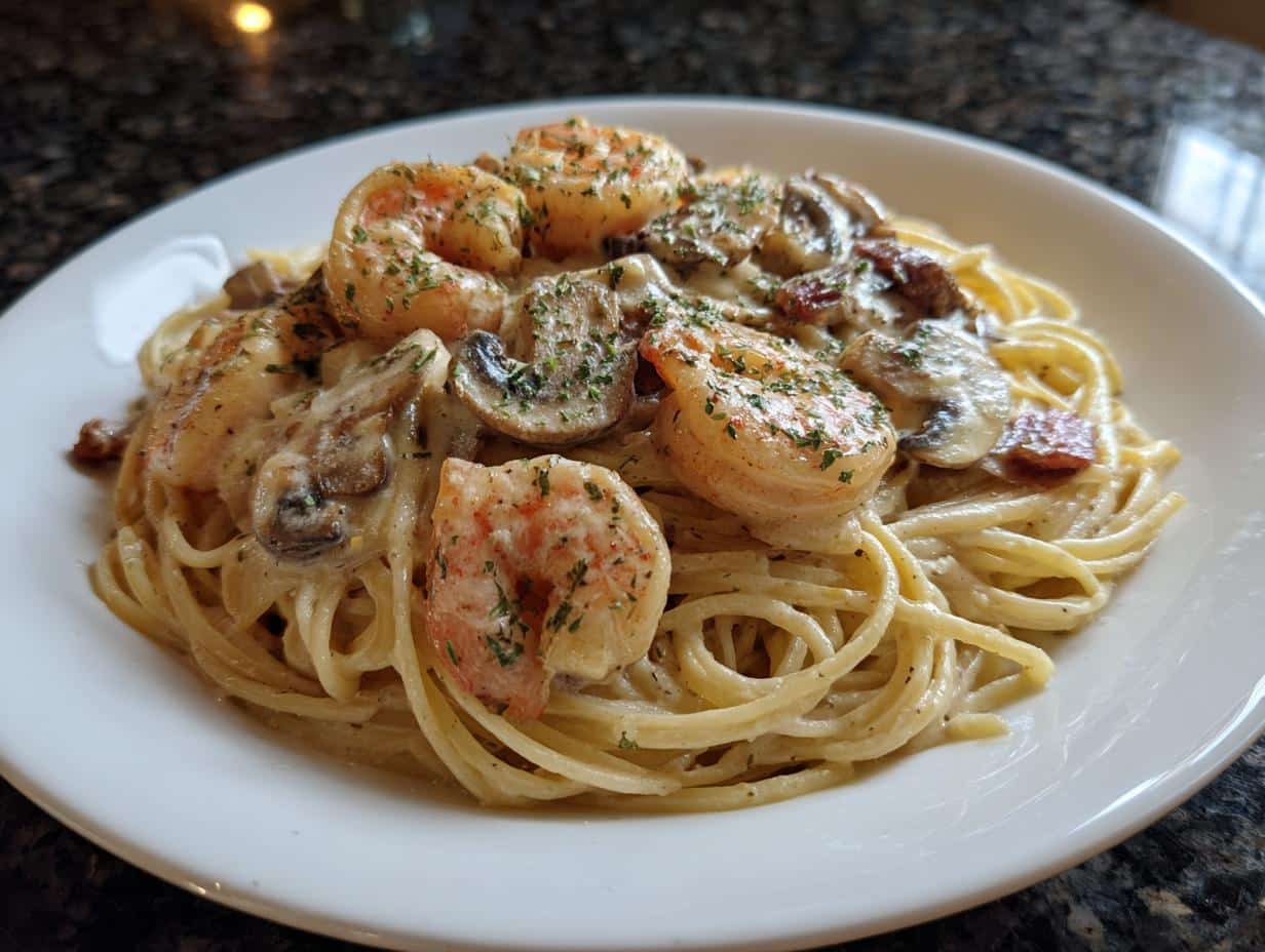 Shrimp and Mushroom Alfredo Spaghetti