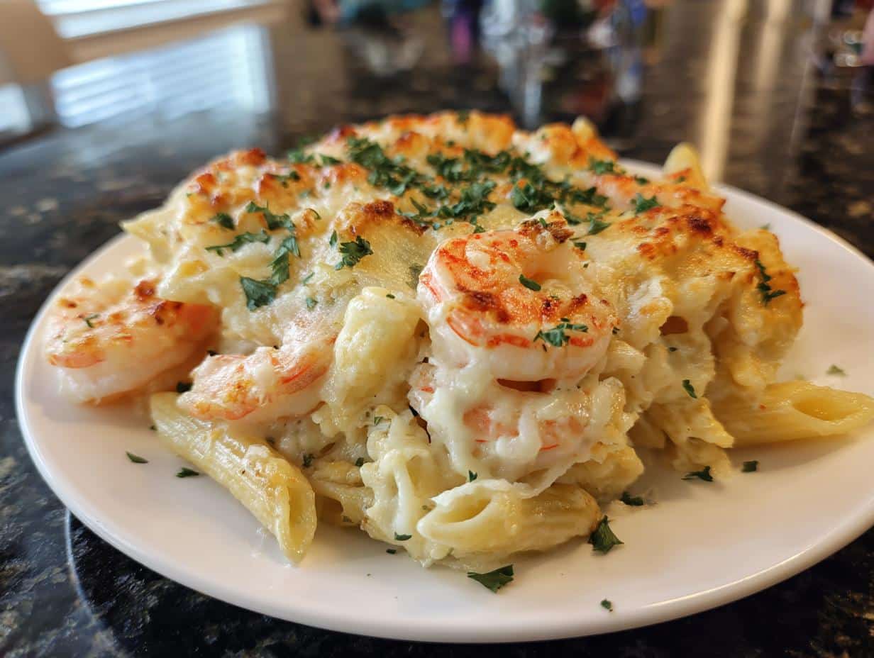 Shrimp and Roasted Garlic Alfredo Bake