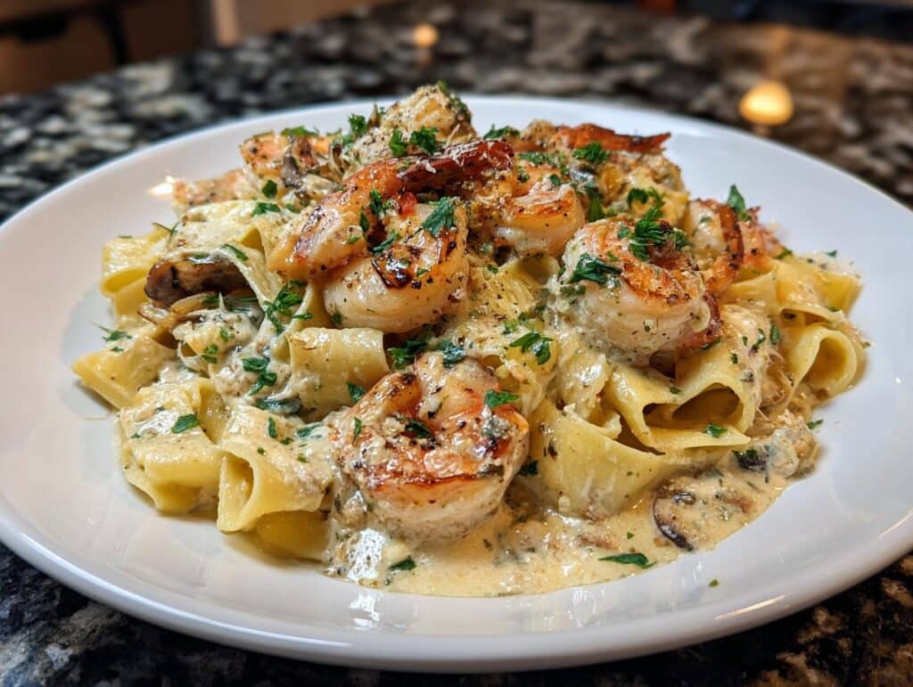 Shrimp and Roasted Garlic Pappardelle