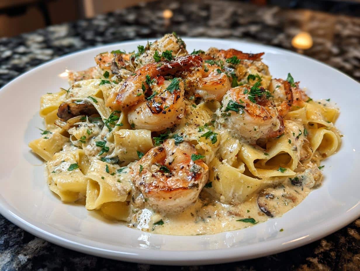 Shrimp and Roasted Garlic Pappardelle