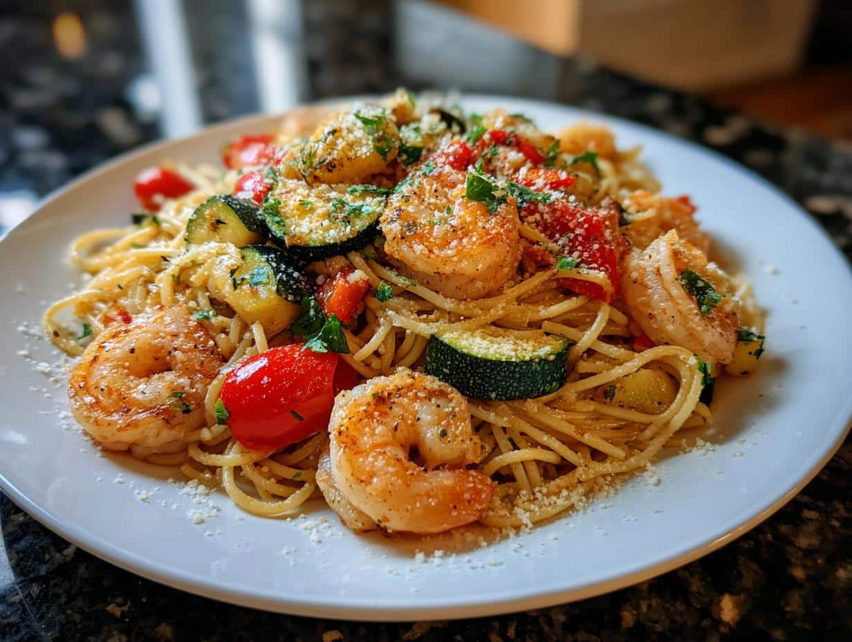 Shrimp and Roasted Veggie Garlic Pasta