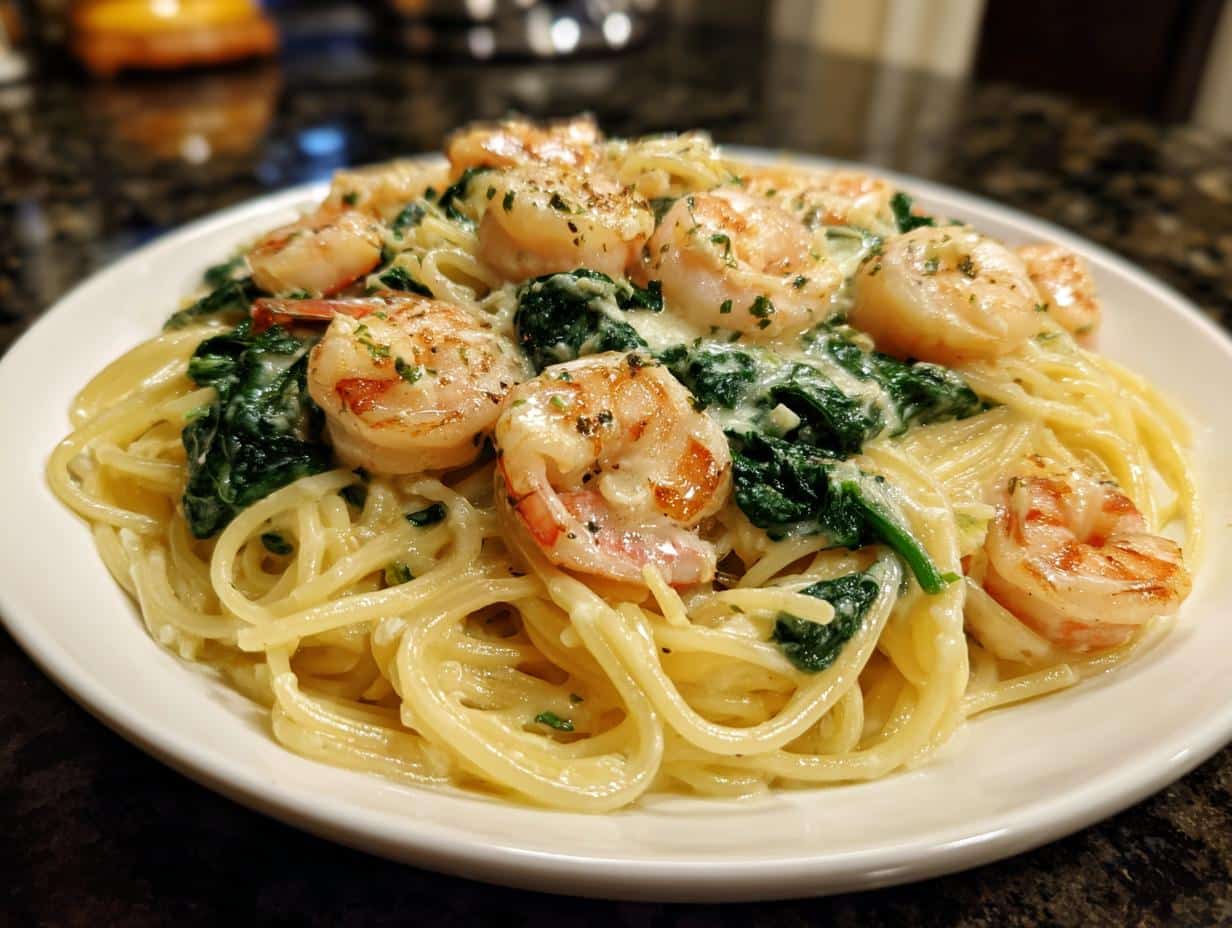 Shrimp and Spinach Alfredo Spaghetti