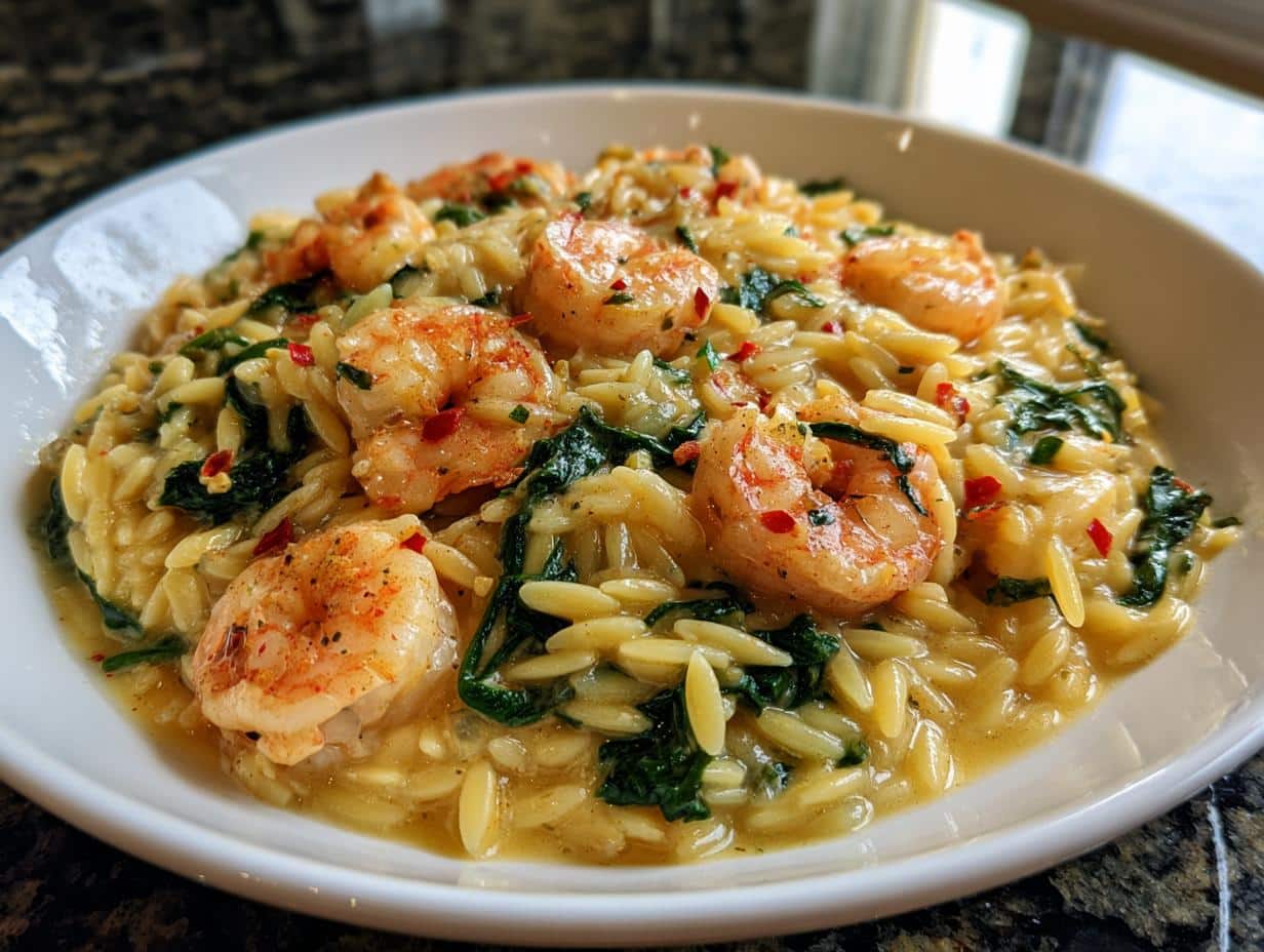 Shrimp and Spinach Orzo Skillet