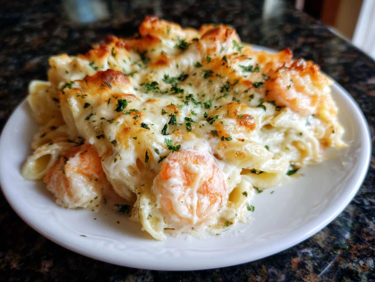 Shrimp and Three-Cheese Pasta Bake