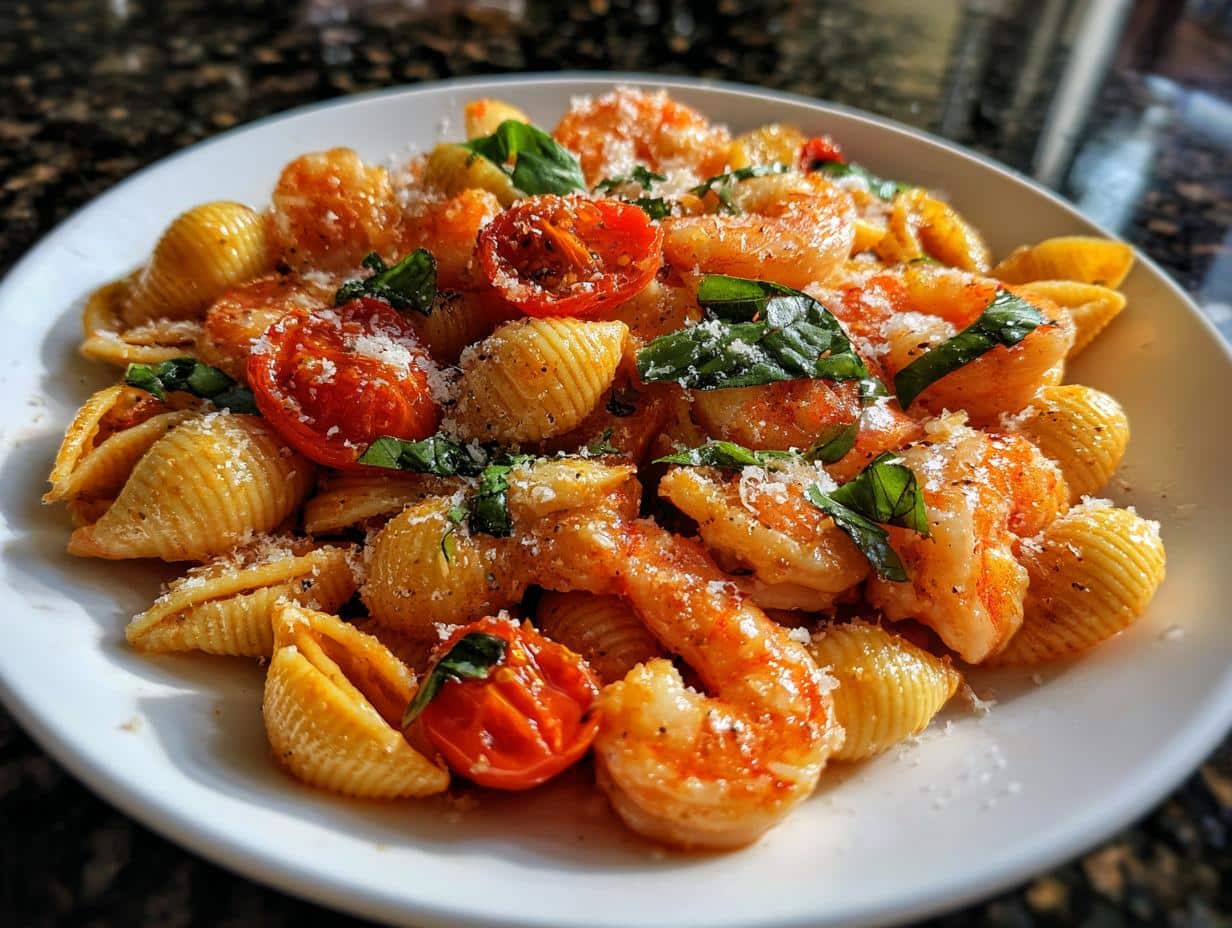 Shrimp and Tomato Parmesan Shell Pasta