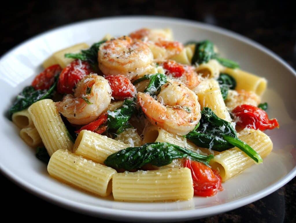 Shrimp and Tomato Spinach Rigatoni