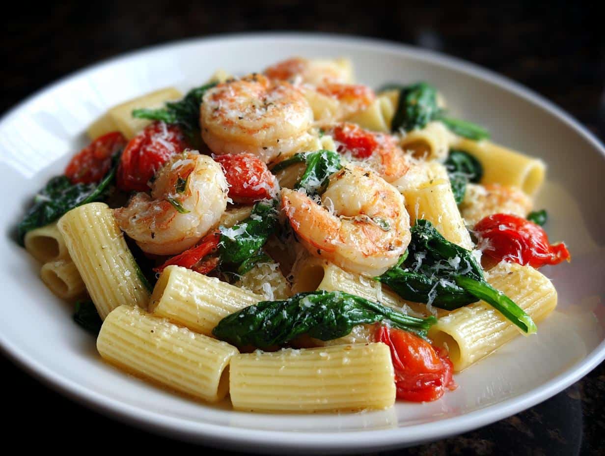 Shrimp and Tomato Spinach Rigatoni