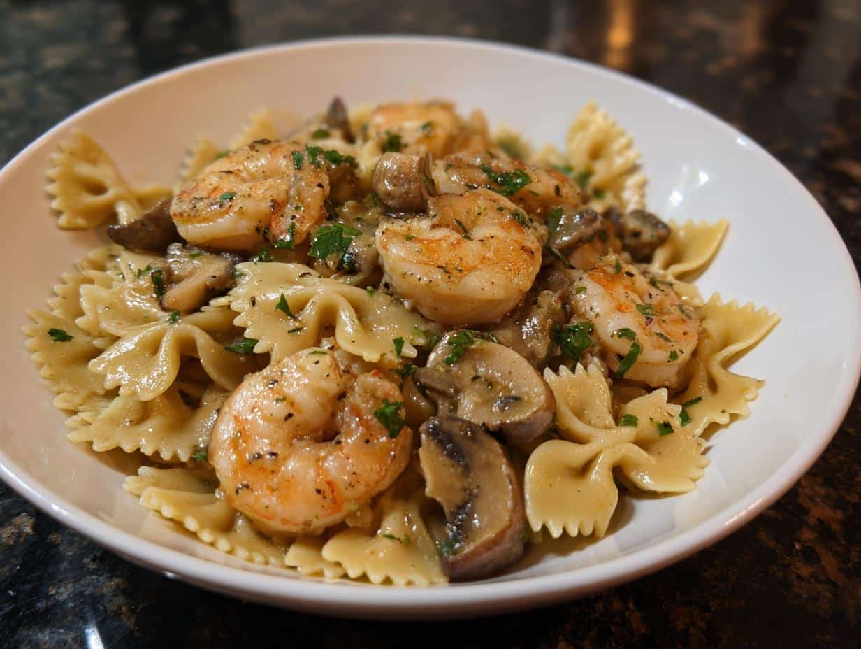 Shrimp and Wild Mushroom Garlic Bowties